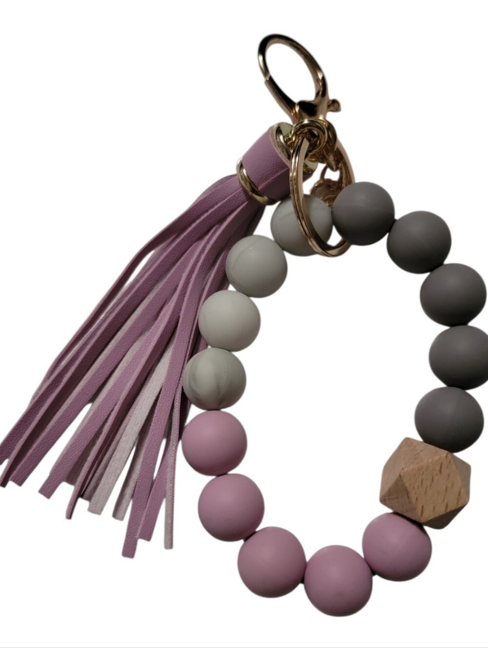 Hand Crafted Lavender & Gray Beaded Wristlet Key Holder with Tassel
